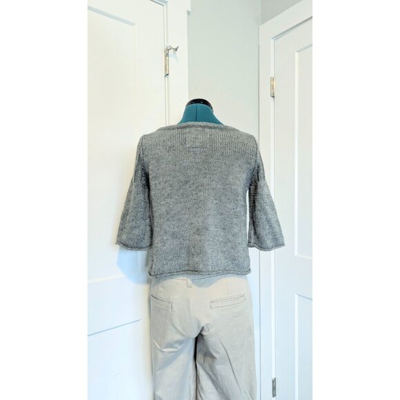 Heritage 1981 Cropped Sweater Large Y2K Grey Wool Scoop Neck 3/4 Bell Sleeves - Picture 2 of 4